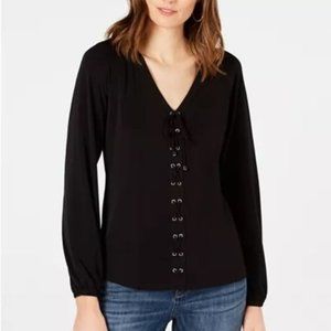 INC Black Lace - up blouse Sz Large New Silver accents
